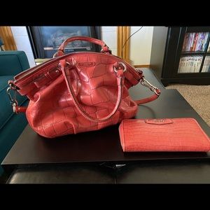 Coach coral croc satchel w/matching wallet.
